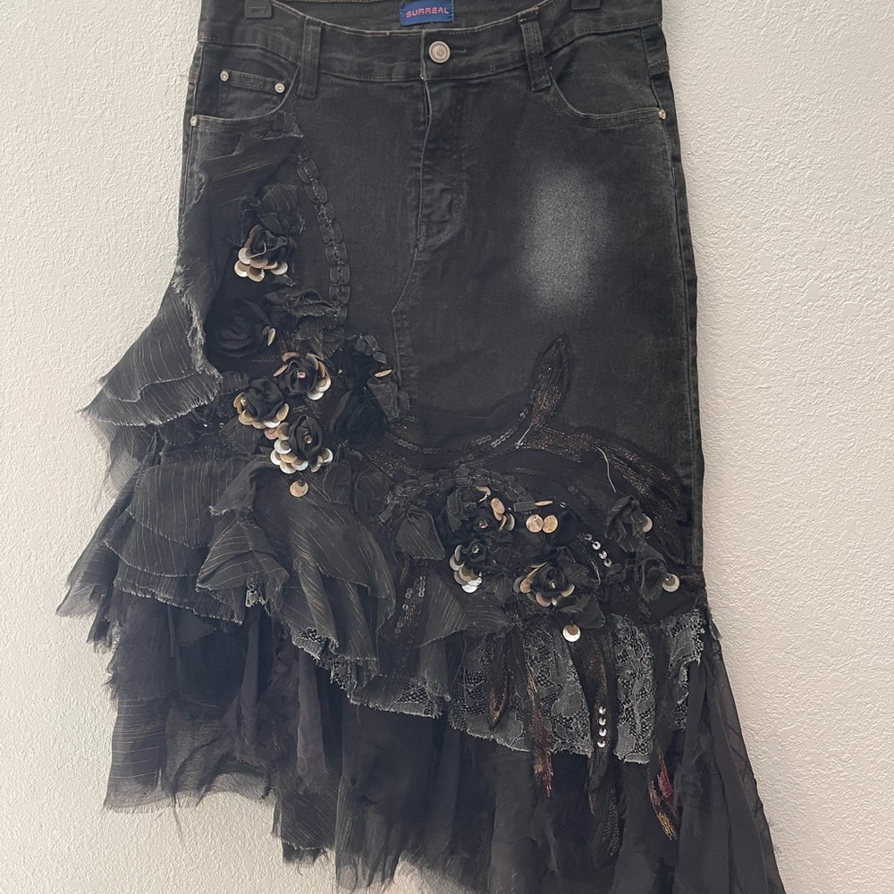 Black Ruffled Jean Skirt - Picture 2 of 3